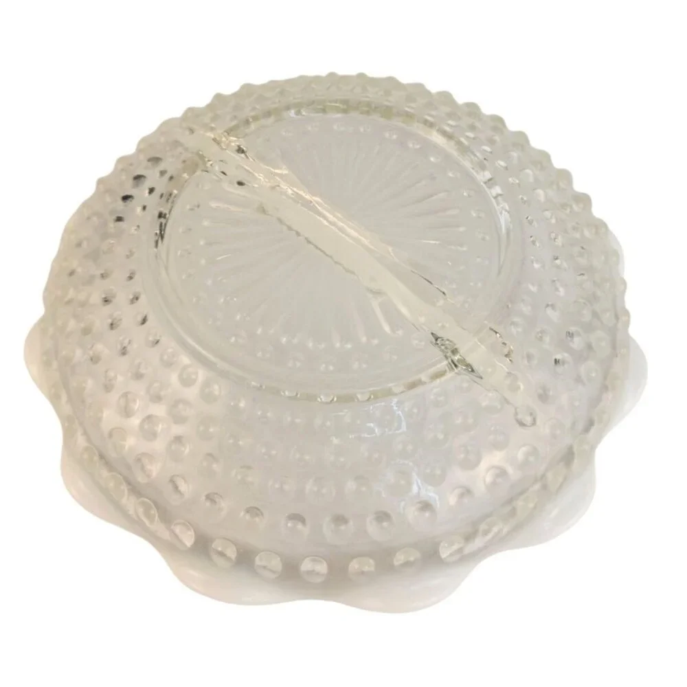 Vintage Hobnail Opalescent Relish Dish Divided Glass Scalloped Serving Bowl